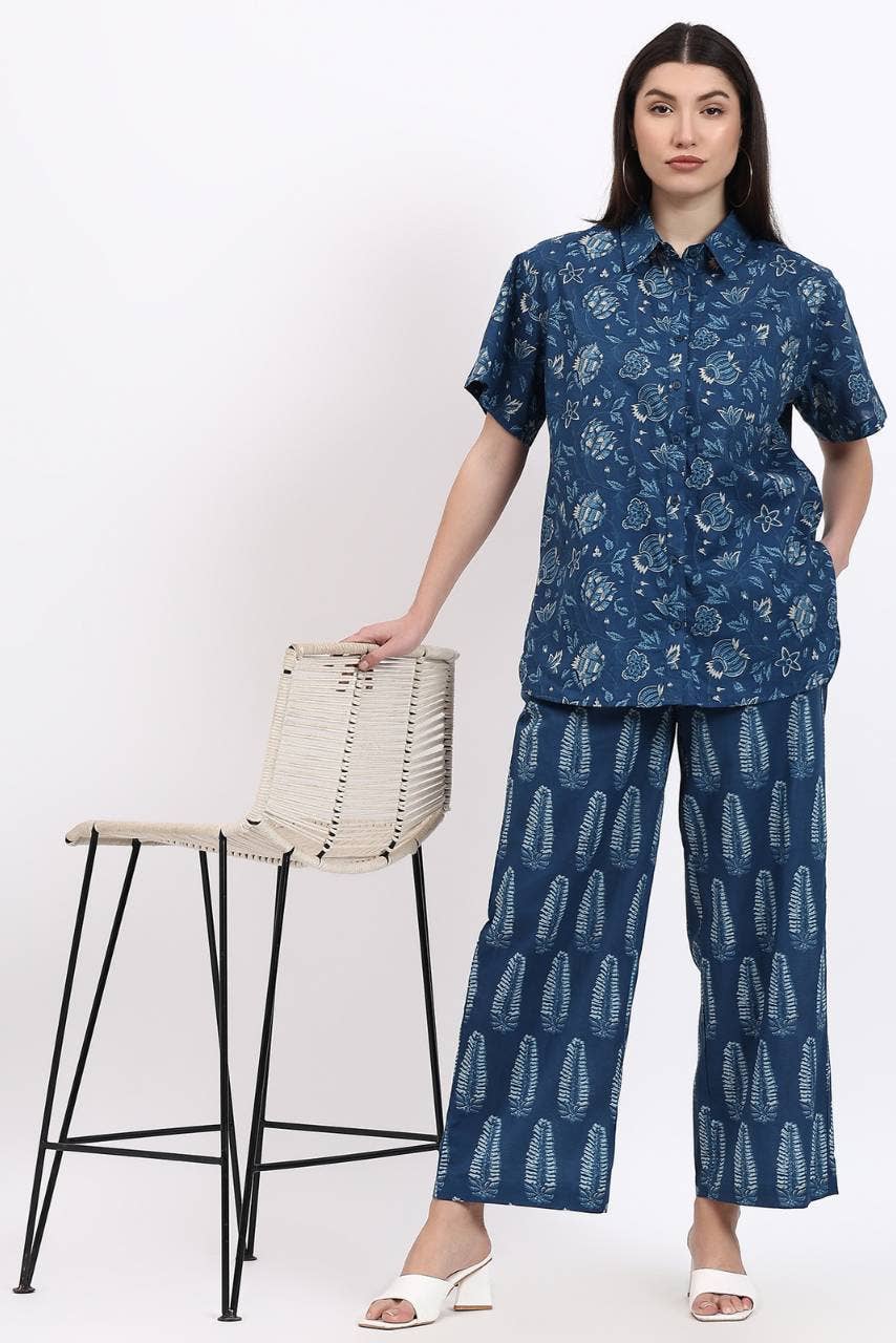 Hi Handmade - Wholesale Buttoned-down shirt – Women's - Coord Shirt Pant Set - Blue