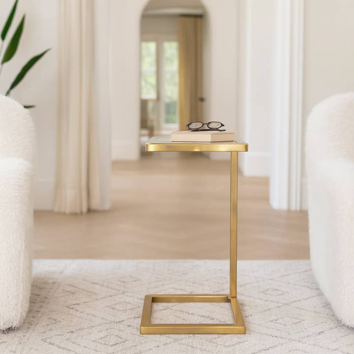 Side Table - White Selenite Top with Gold C-Frame, 24 in. for wholesale by Elevarre