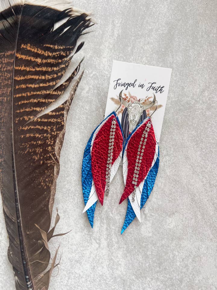 Patriotic Fringe Feather Earrings for wholesale by Fringed In Faith
