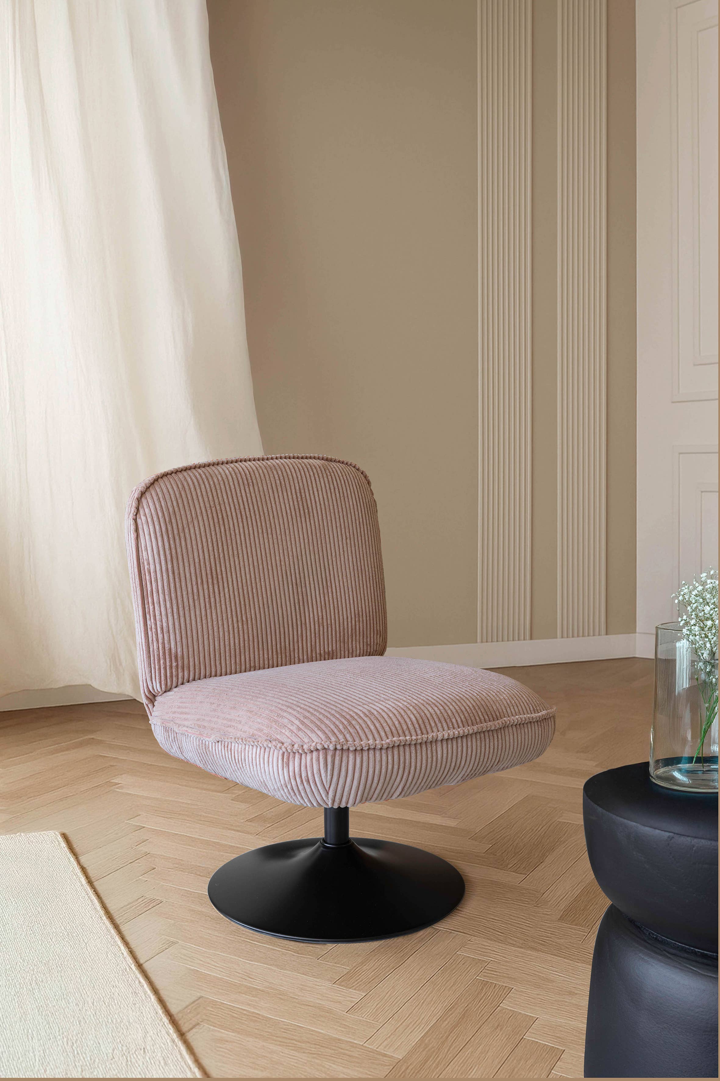 Now's Home - Wholesale Chair - PINK CORDUROY SWIVEL CHAIR WITH FUNKY METAL BASE