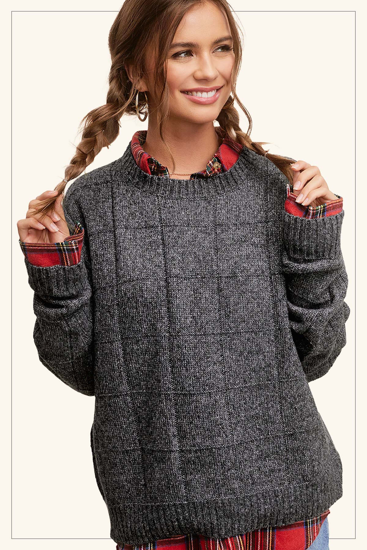 La Miel – Engroshandel Pullover - Dame – La Miel løs sweater med tofarvet vindueskarmmønster16