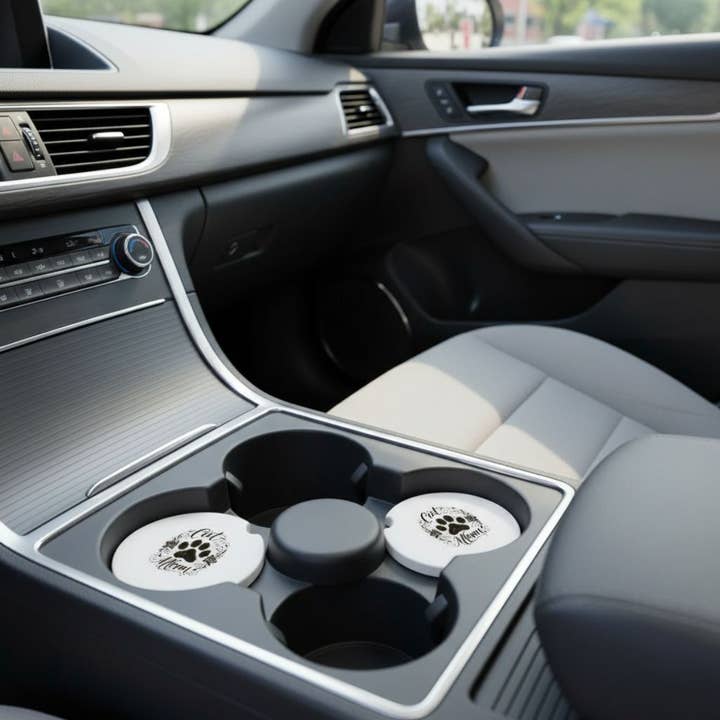 Designs by Mysh - Wholesale Car Coaster - Women's - Cat Mom Ceramic Car Coaster Set – 2.56" Black Paw Print Design for Pet Lovers2