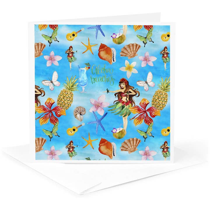 3dRose, Aloha Bloem Hawaii Hula meisje Tropisch Blauw Strandpatroon, Wenskaart voor wholesale door 3dRose