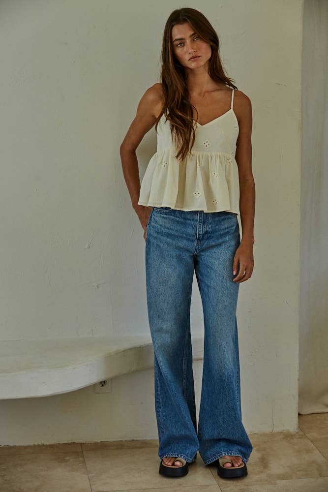 Vanilla L8052 | Woven Cotton Eyelet V-Neck Babydoll Cami Top for wholesale on Faire1