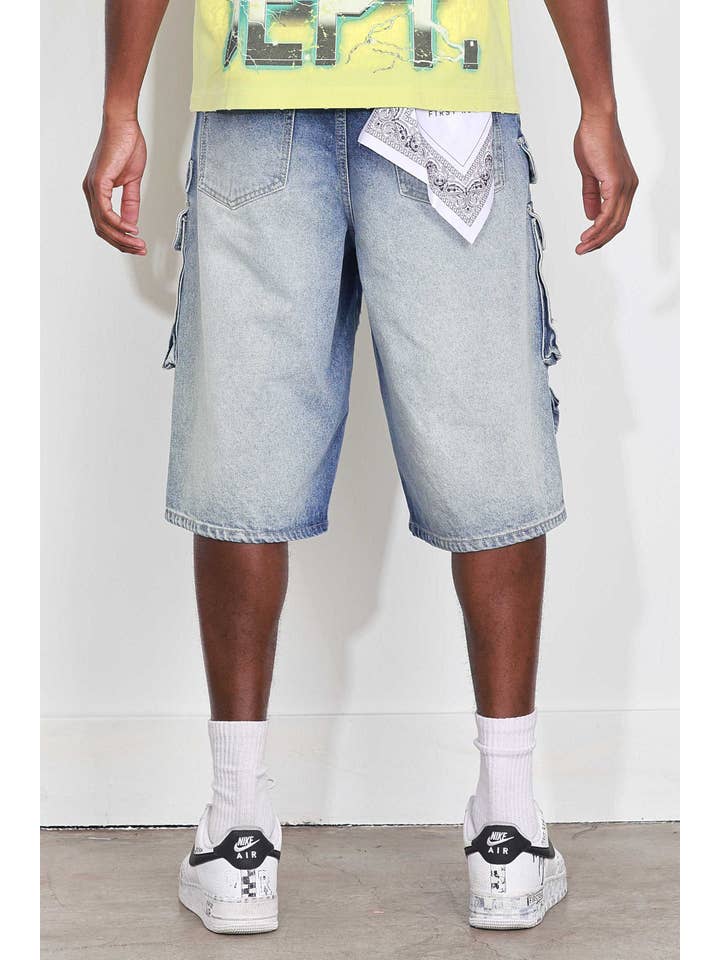 MEDIUM BLUE WASHED MULTI CARGO DENIM JORTS for wholesale on Faire