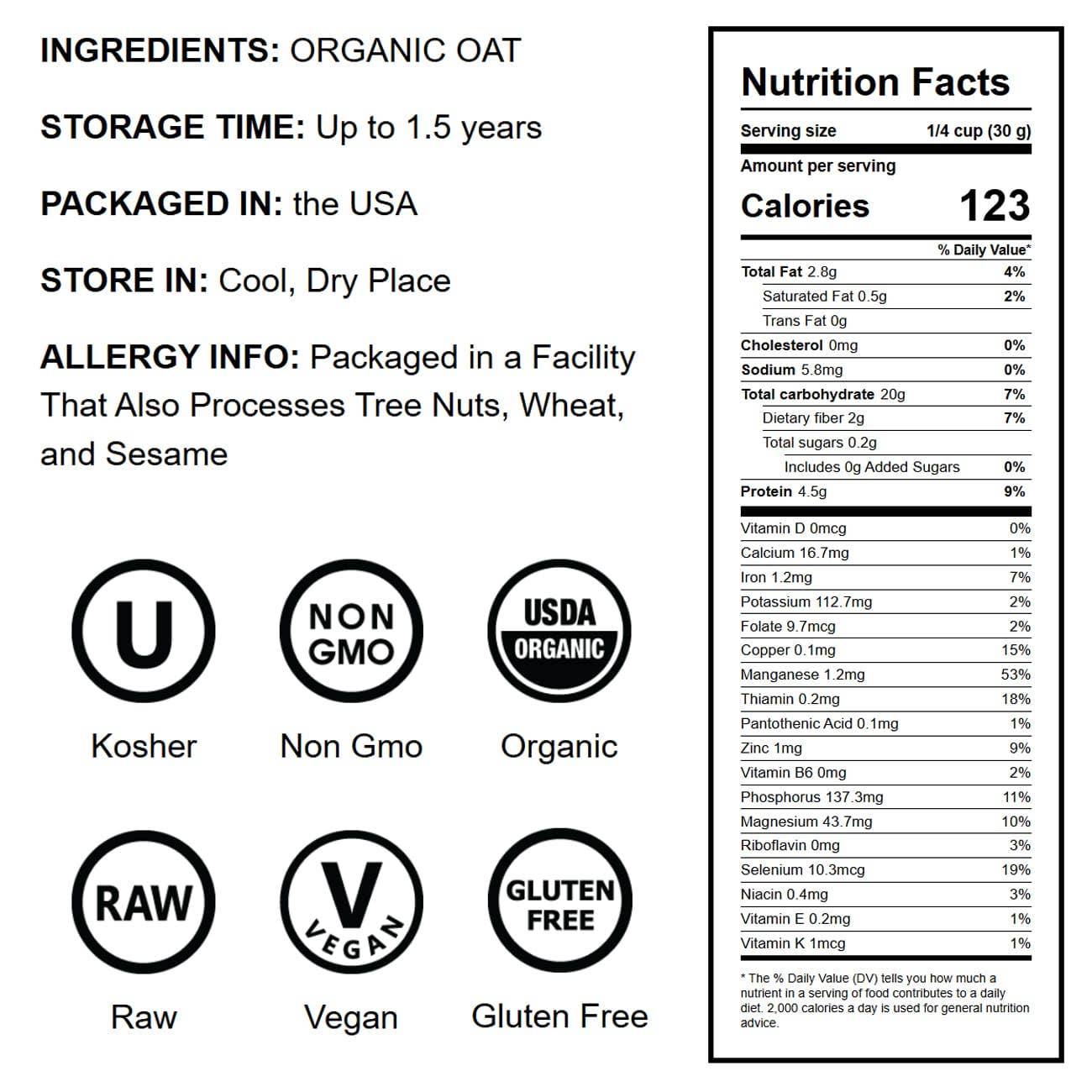 Food To Live - Vente Farines - Farine d'avoine biologique sans gluten — Moulue sur pierre, Casher, Végane2