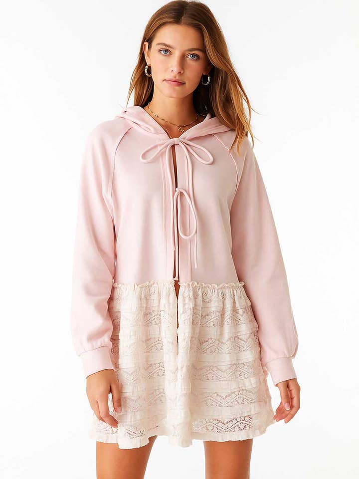 Ladies Lace Tiered Ruffled Tie Closure Hoodie Sweatshirt for wholesale by Sweetkama