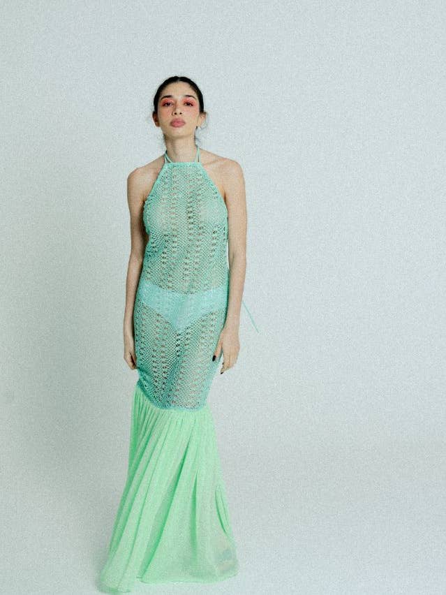 Vestido largo de crochet de algodón con espalda abierta en tono verde para venta al por mayor de relax baby be cool