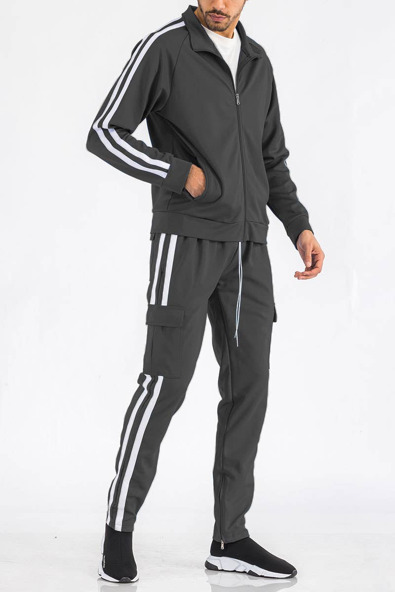 WEIV - Wholesale Tracksuit - Men's - Two Stripe Cargo Pocket Track Suit Set7