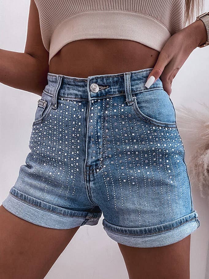 Blue Rhinestone Embellished Denim Shorts for wholesale by Trendi Lady