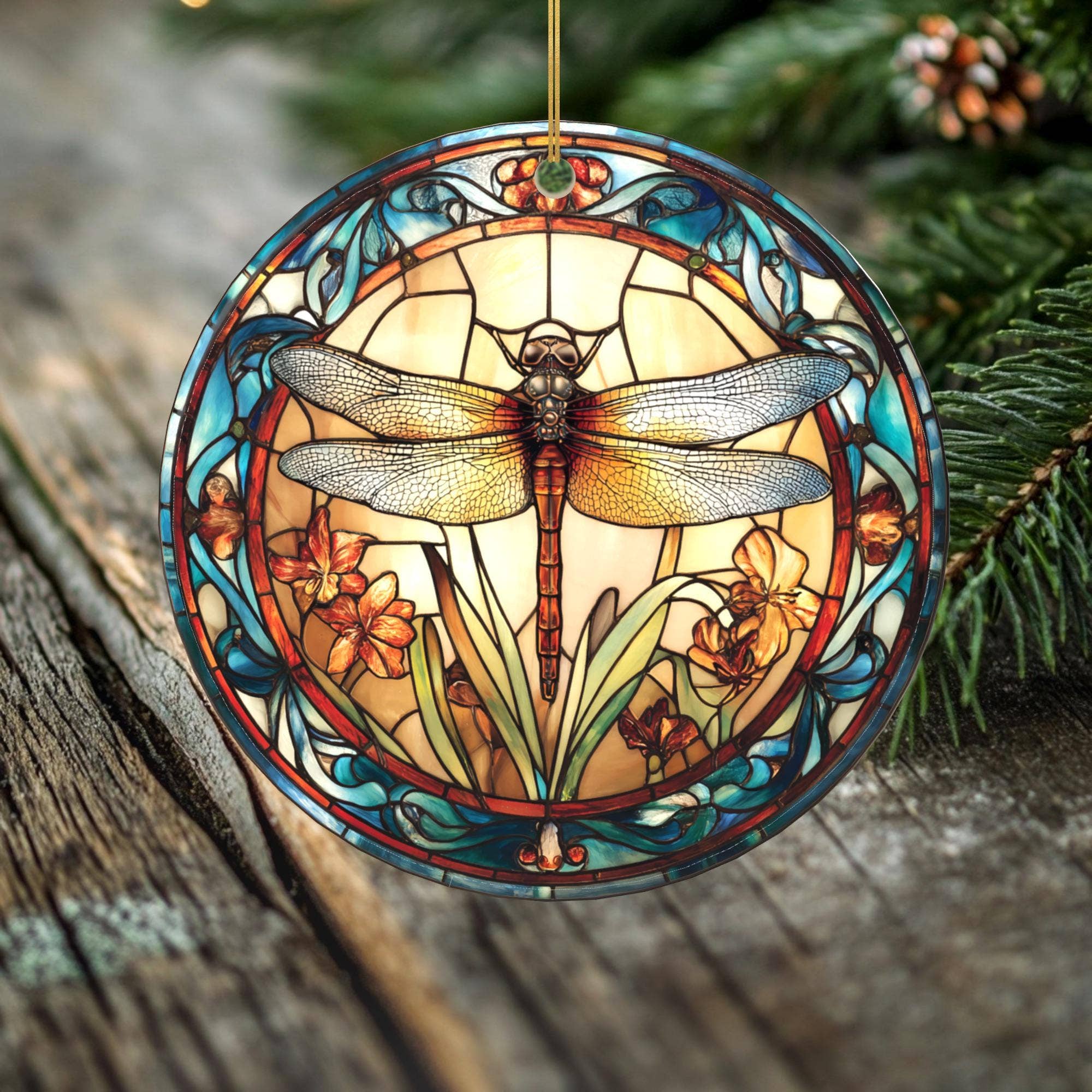 Peeping Tom's Cottage - Wholesale Ornament - Amber Grace Dragonfly Ornament – Double Sided Porcelain Keepsake – Stained Glass Look Holiday Memorial Gift