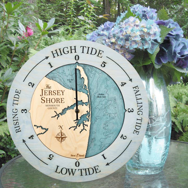Jersey Shore Tide Clock - Nautical Decor Wood Map for wholesale by Sea & Soul Nautical Chart Art