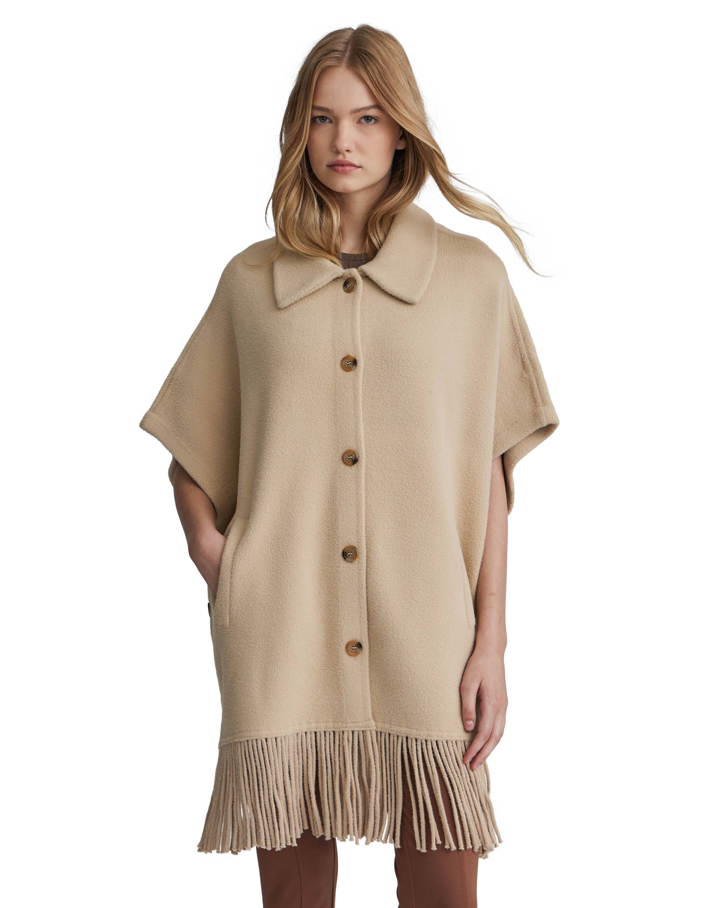 NVLT - Wholesale Coat - Women's - Y1231NVL - Fringe Hem Button Up Coatigan Cape