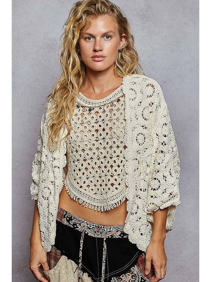 Pol Clothing - Wholesale Cardigan - Women's - Long sleeve v neck floral pattern crochet chenille cardigan17