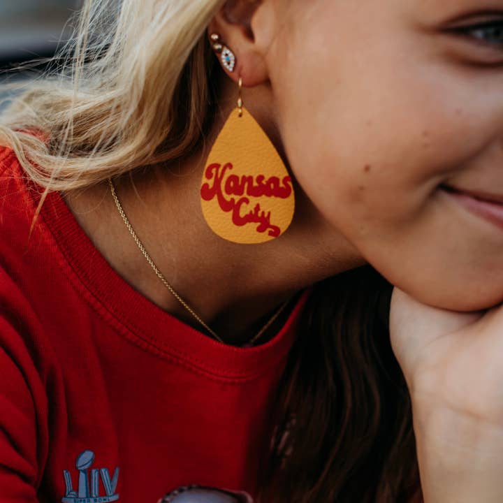 Retro Kansas City Chiefs Leather Earrings for wholesale by Golden Rae Wholesale