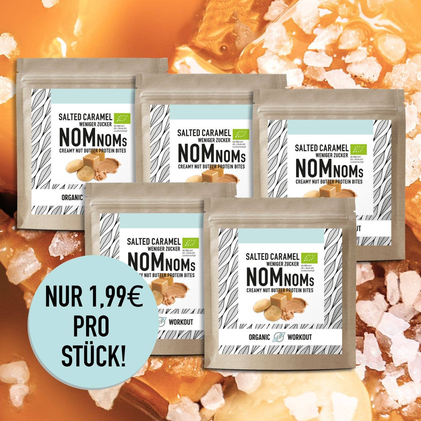 Organic Workout - Wholesale Snack Bar - Salted Caramel NomNoms (Protein Bites) – organic, vegan with organic erythritol and organic pea protein1