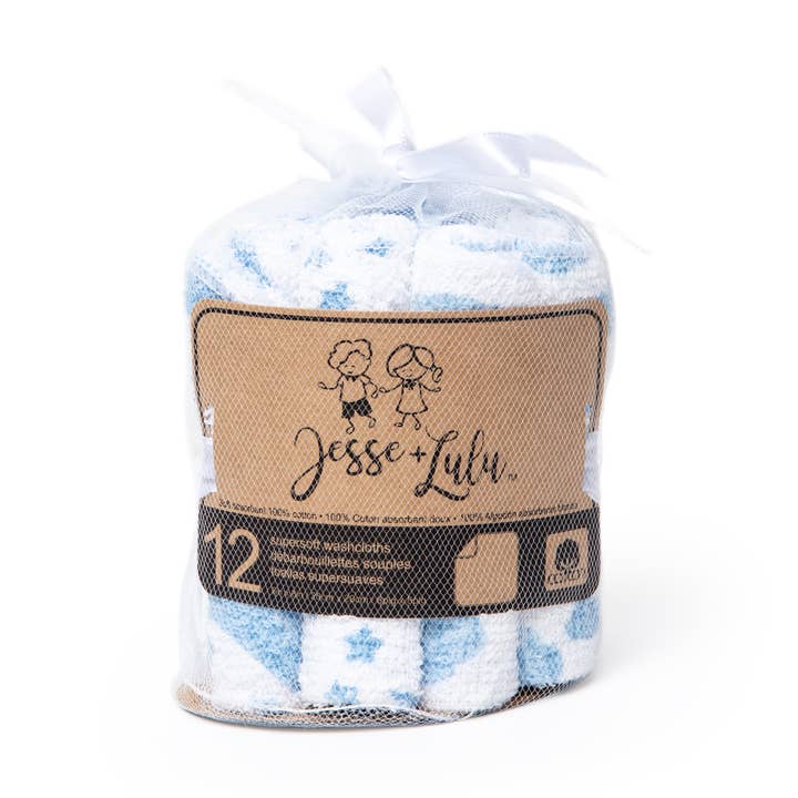 Blue Clouds & Stars Washcloth Set - Blue for wholesale by Rose Textiles