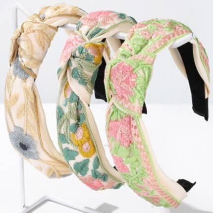 JOSSLYN by wall to wall - Wholesale Fashion Headband - Women's - FLORAL COTTAGECORE EMBROIDERY HAIR BAND HEADBAND | 40HB166
