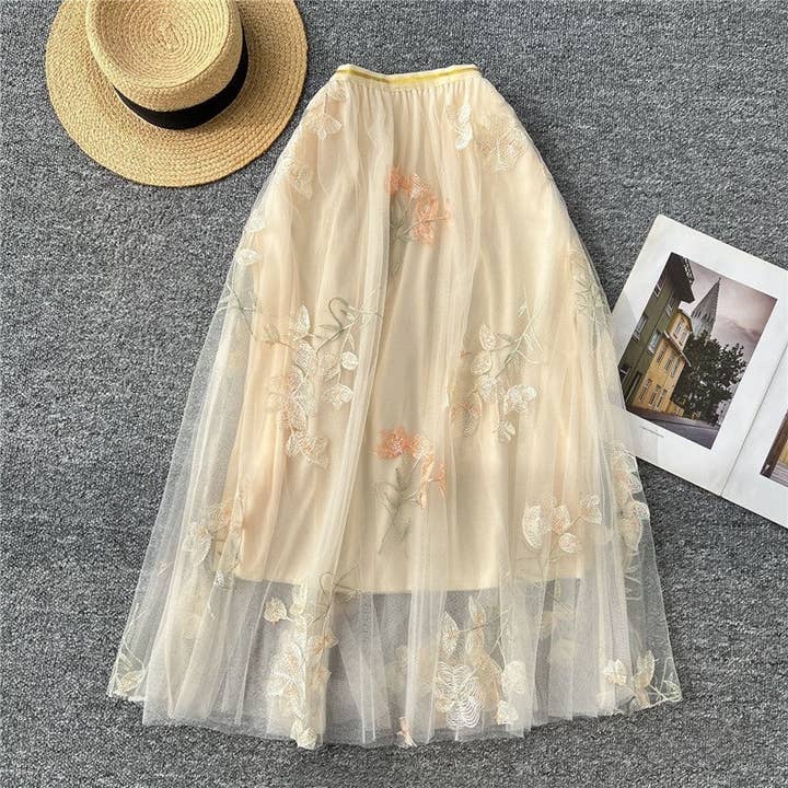 Falda de tul bordada adelgazante de cintura alta para venta al por mayor de Plush Looks