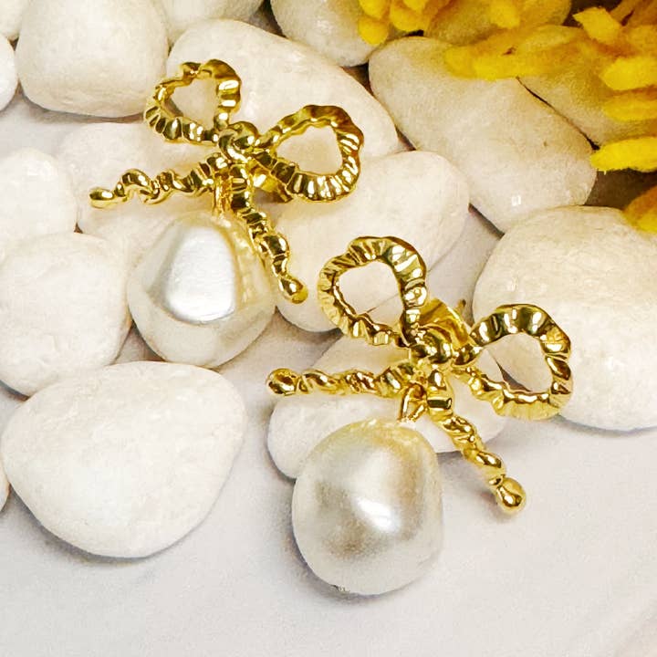 Ellison+Young - Wholesale Dangle Earrings - Dangle Pearl Antique Bow Earrings0