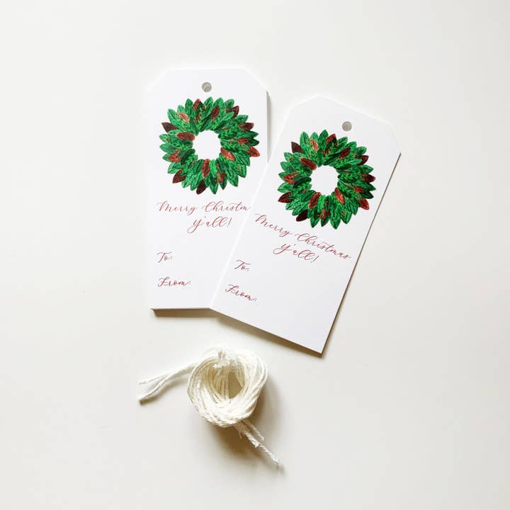 Magnolia Wreath Gift Tags, Set of 8, Holiday Tags for wholesale by Stately Made