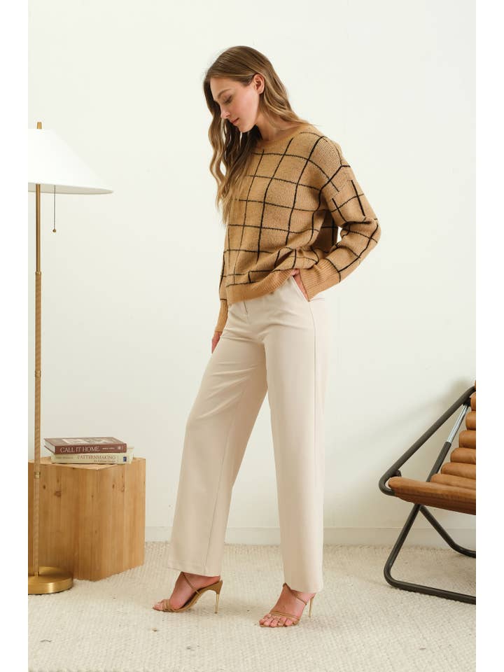 The Workshop Studio - Wholesale Knit Sweater - Women's - GRID PRINT CREW NECK KNIT PULLOVER SWEATER