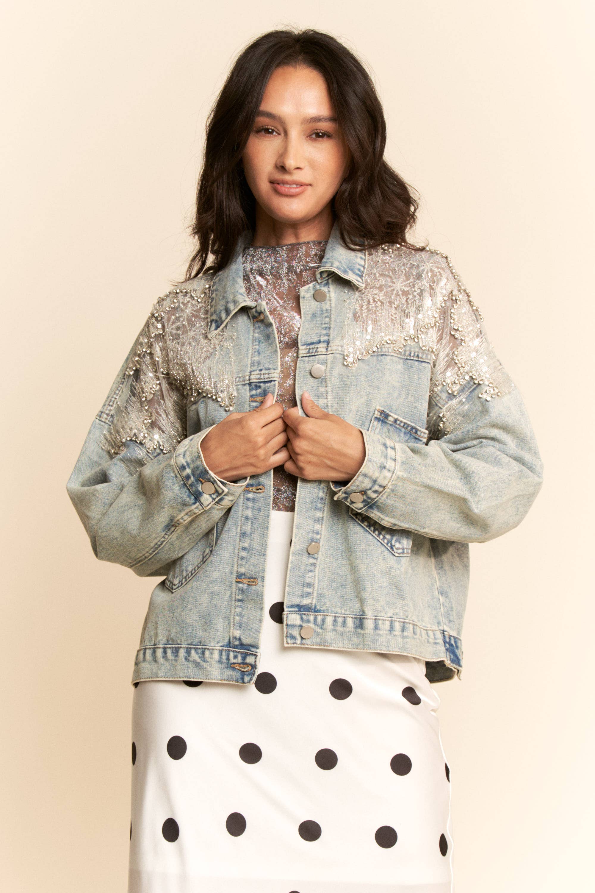MESH STITCHING BUTTON DOWN DENIM JACKET for wholesale on Faire1