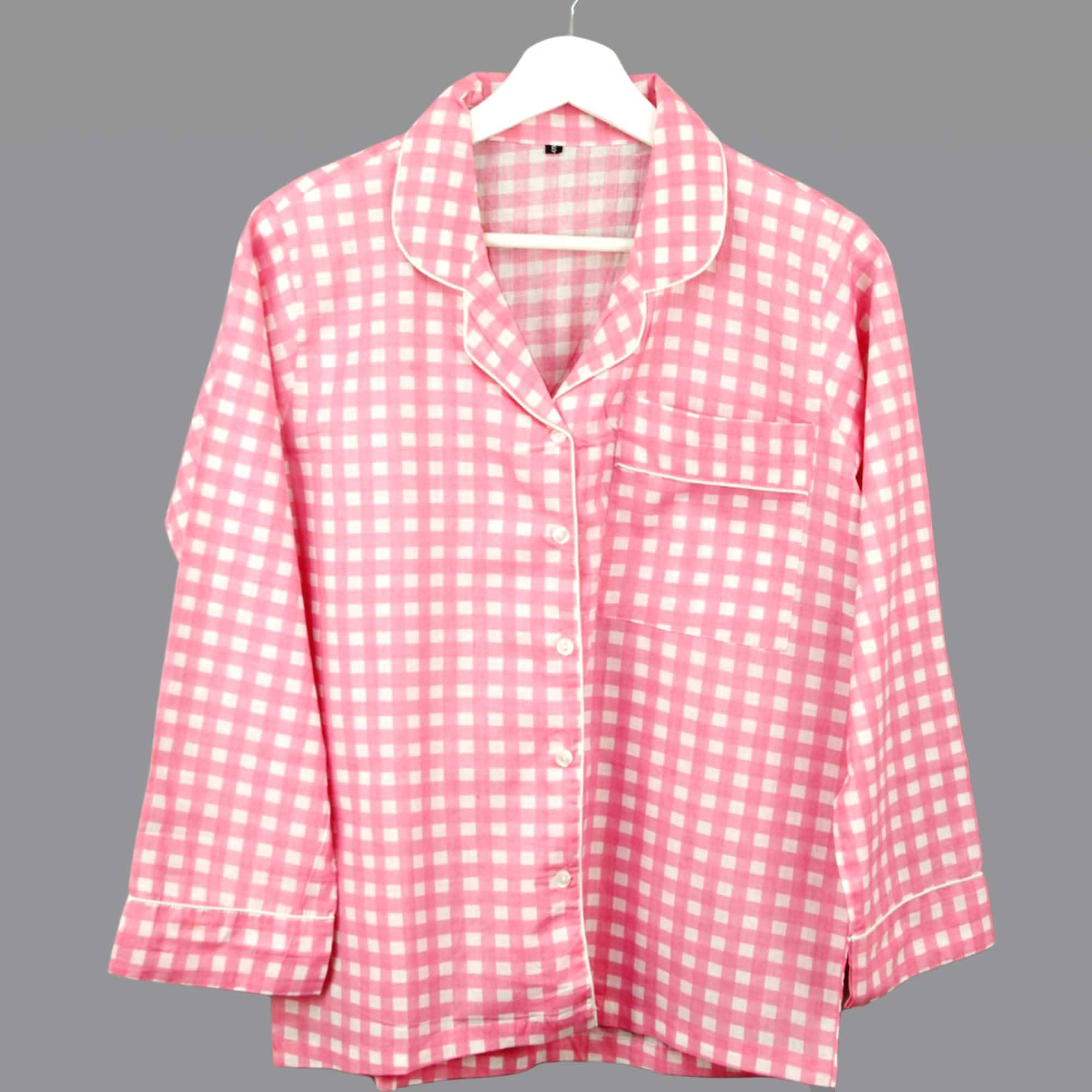 Kantha Decor – wholesale Sleepwear set – Women's – Long Cotton PJ Set With Pouch - Pink & White Gingham 2