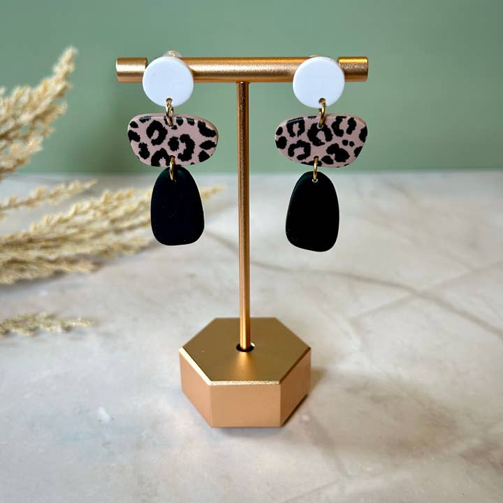 Leopard Clay Earrings – Triple Drop Neutral and Black Clay for wholesale by Lady Bug Custom Gifts