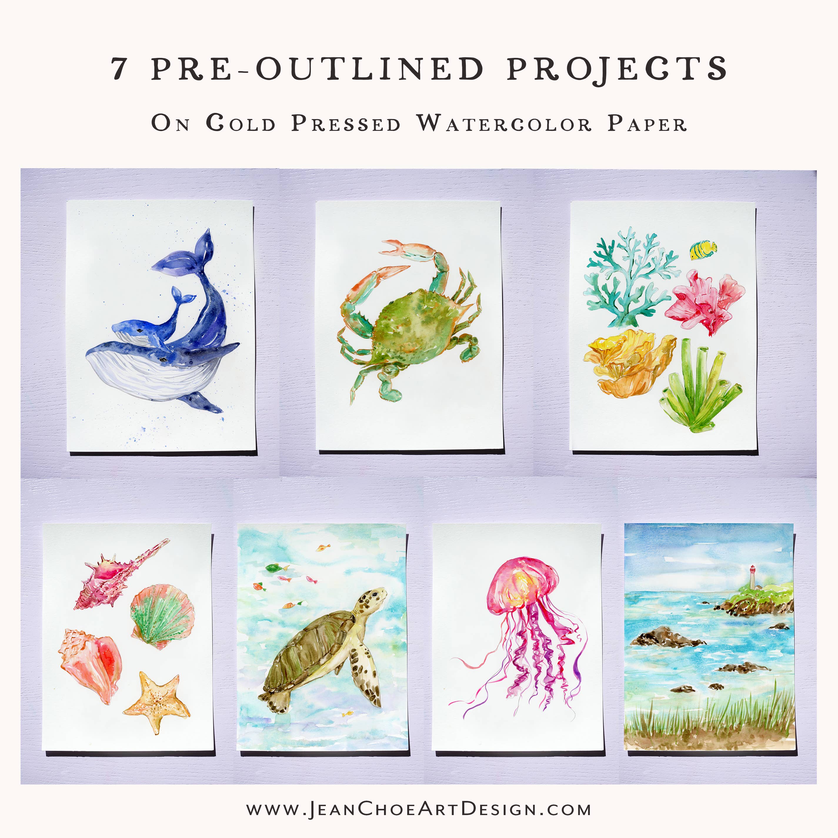 Jean Choe Art & Design - Wholesale Sketchbook/Sketchpad - Watercolor Workbook: Seashores & Ocean Outlined Designs1