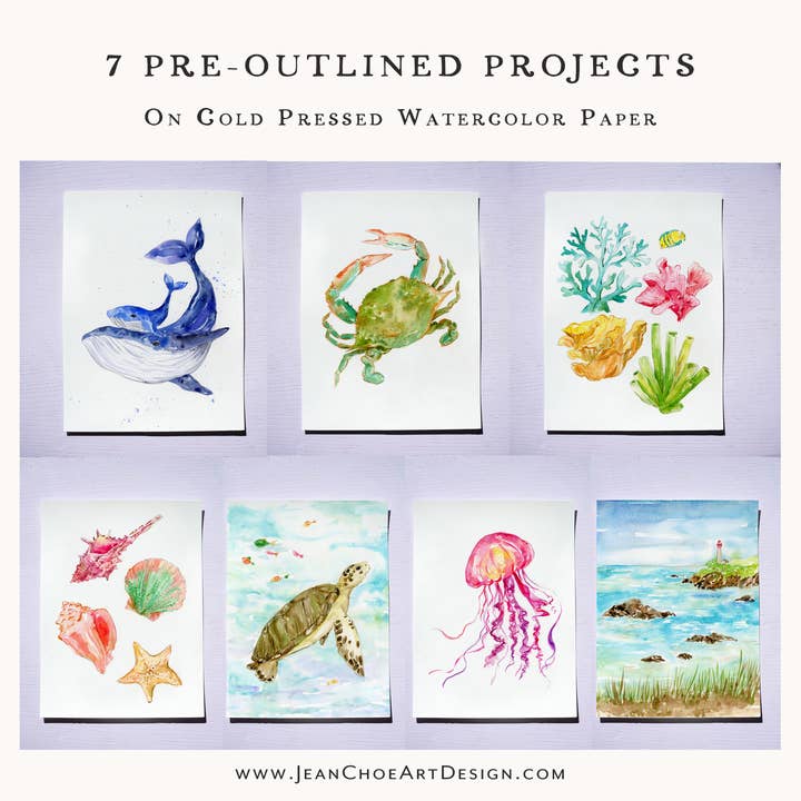 Jean Choe Art & Design - Wholesale Sketchbook/Sketchpad - Watercolor Workbook: Seashores & Ocean Outlined Designs1