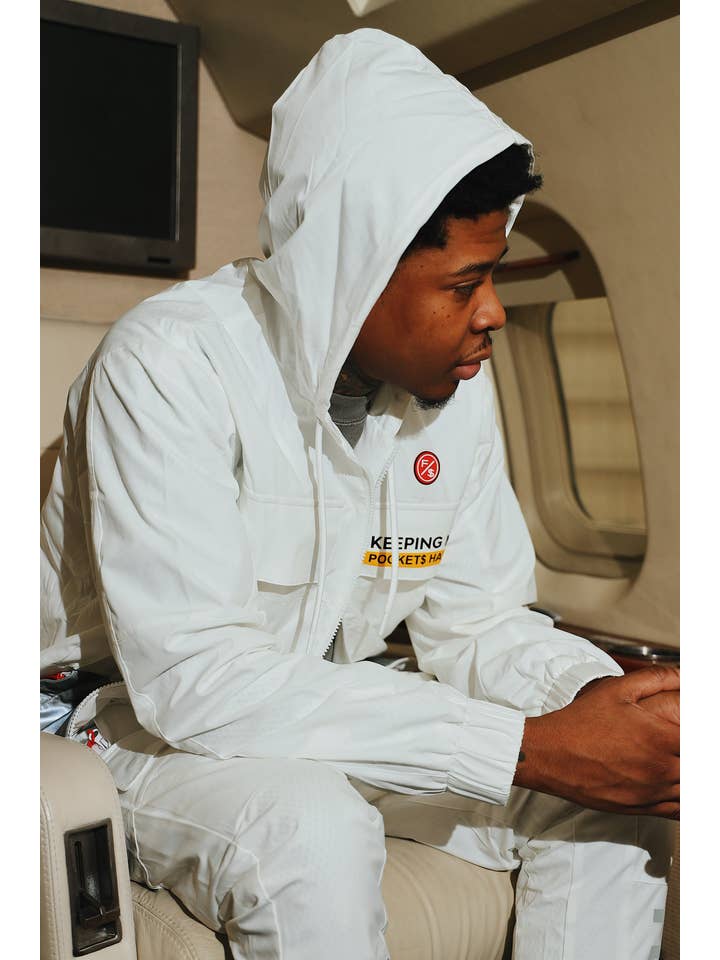 White Happy Pockets Windbreaker Zip-Up Jacket (White) for wholesale on Faire8