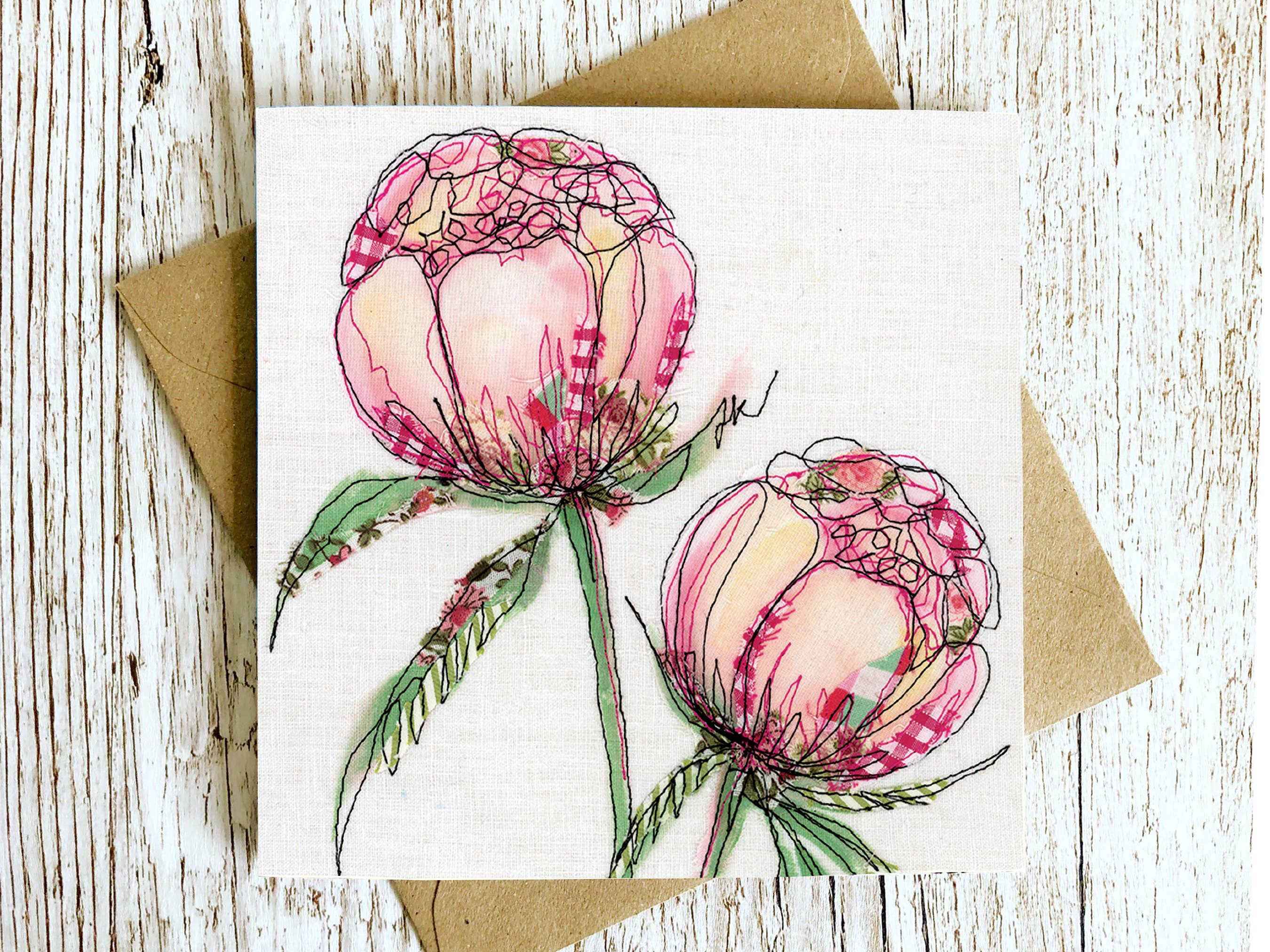 Francesca Kemp Textile Art – wholesale Everyday greeting card – Blooming Lovely Peony Embroidery Art Card1