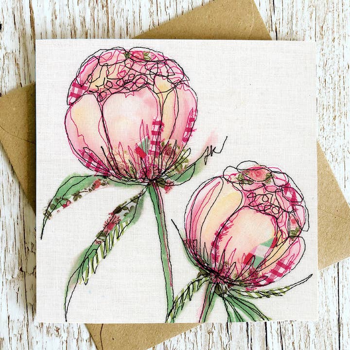 Francesca Kemp Textile Art – wholesale Everyday greeting card – Blooming Lovely Peony Embroidery Art Card1