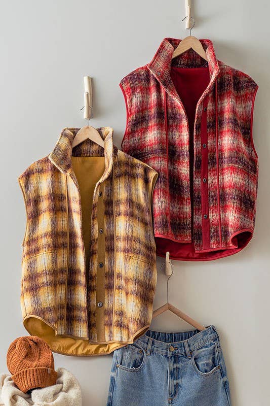 Heyday - Wholesale Outerwear Vest - Women's - VINTAGE PLAID OVERSIZED WOOL VEST4