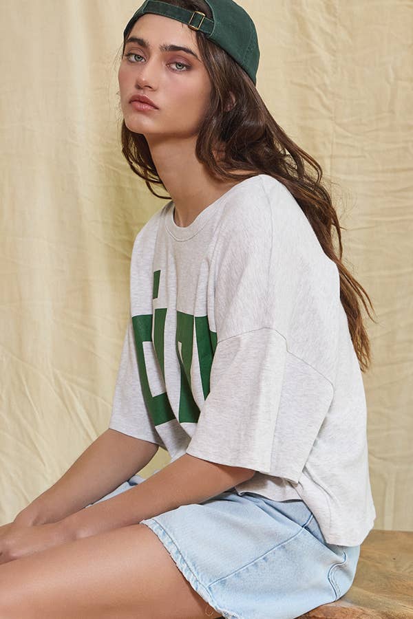 H grey Red T1754D 'CIAO' Graphic Jersey Boxy Crop Top for wholesale on Faire7