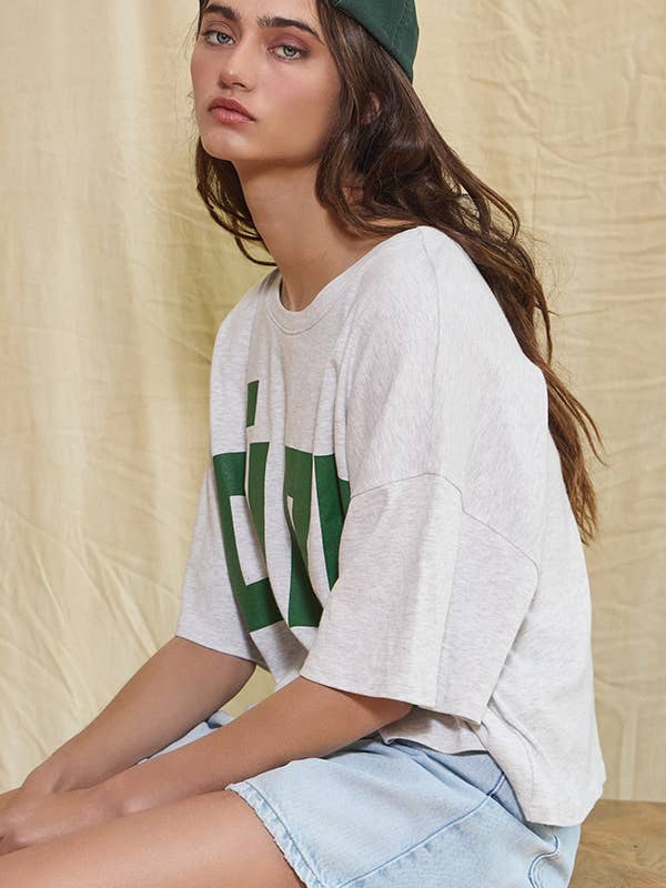 H grey Red T1754D 'CIAO' Graphic Jersey Boxy Crop Top for wholesale on Faire7