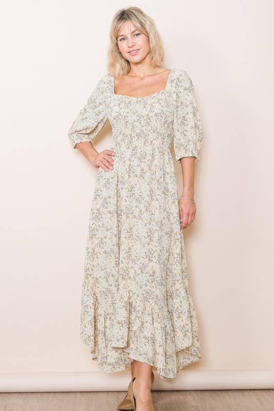 Elloh Collection – wholesale Dress – Women's – Sweetheart Half Sleeve Handkerchief Hem Floral Maxi Dress7