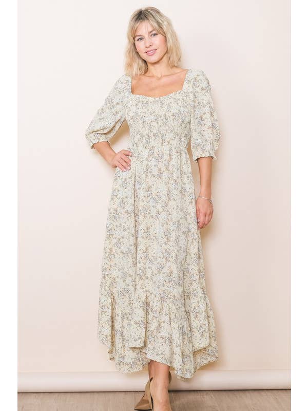 Elloh Collection – wholesale Dress – Women's – Sweetheart Half Sleeve Handkerchief Hem Floral Maxi Dress7