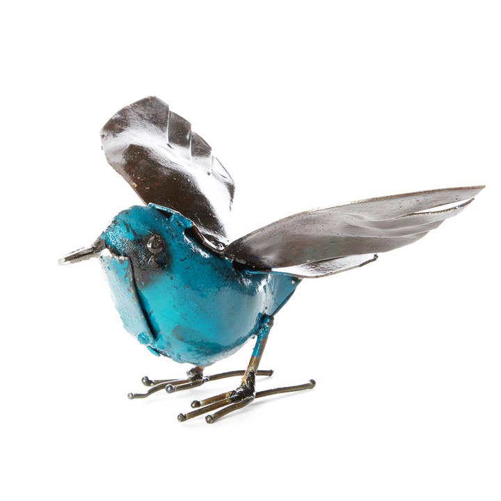 Swahili | AFRICAN MODERN - Wholesale Sculpture - Blue Recycled Metal Fluttering Bird Sculpture