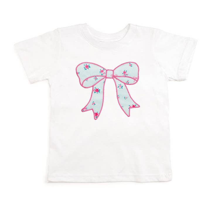 Sky Blue Floral Bow Patch Short Sleeve T-Shirt - Kids Spring for wholesale by Sweet Wink