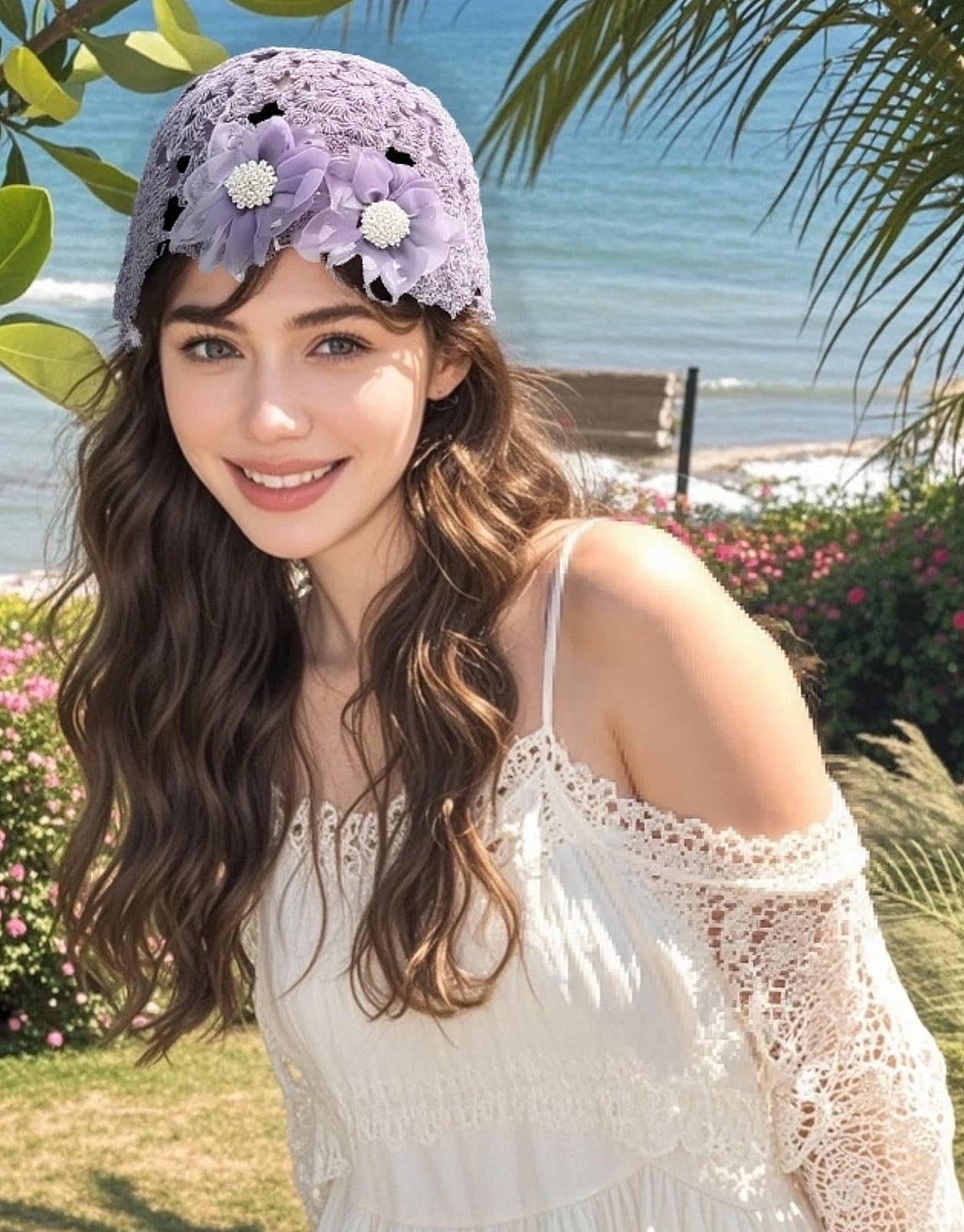 JC Sunny Fashion – wholesale Mössa - Dam – JCH903350 Boho Chic Virkad Hatt med Pärlor & Chiffongblommor1