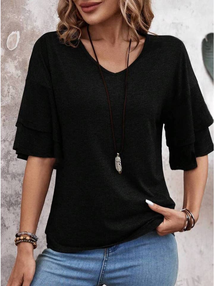Rosa Clothing - Wholesale Blouse - Women's - Summer V-Neck Ruffle Sleeve Loose Short-Sleeved T-Shirt