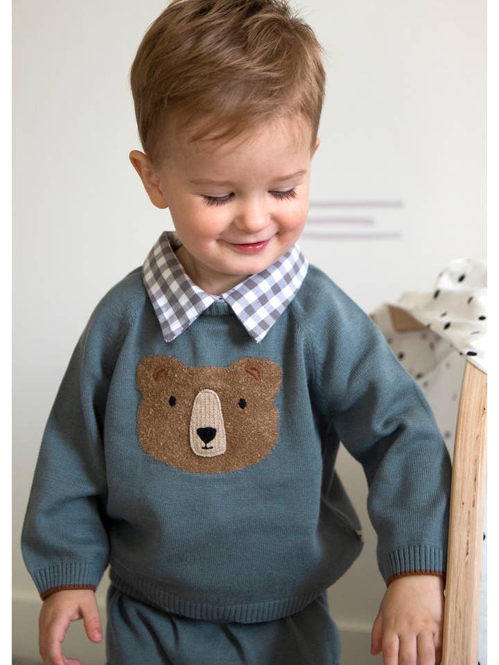 Teal Blue Bear Check Collar Pullover Baby Sweater (Organic Cotton) for wholesale on Faire