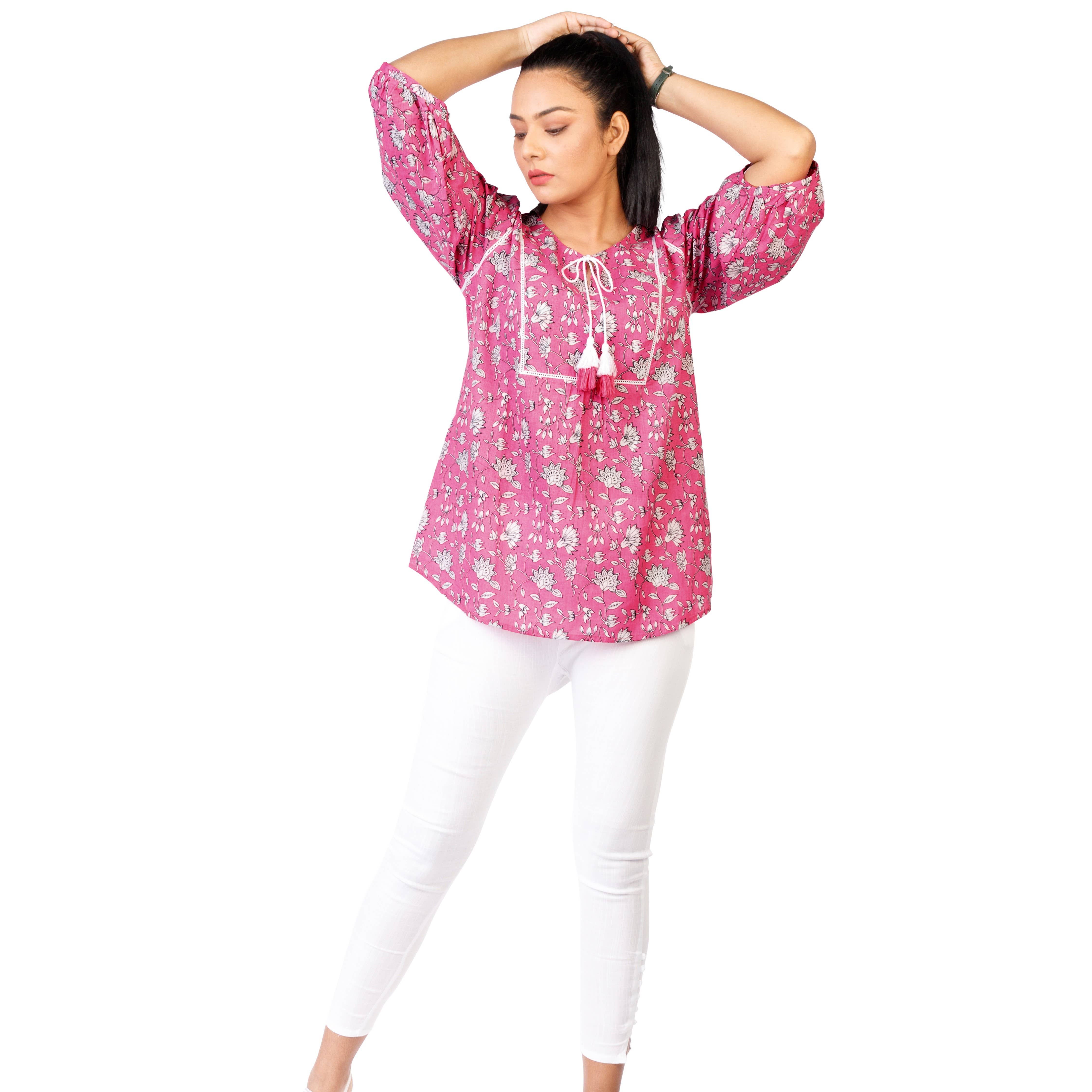 The Indian Bazaar – Túnica - Mulher por atacado – Túnica feminina - estampa floral rosa e branca, cordões de gravata7