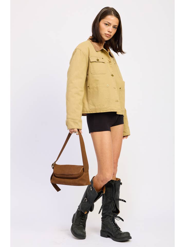 OLIVE KHAKI COMBO CHORE JACKET WITH POCKETS for wholesale on Faire8