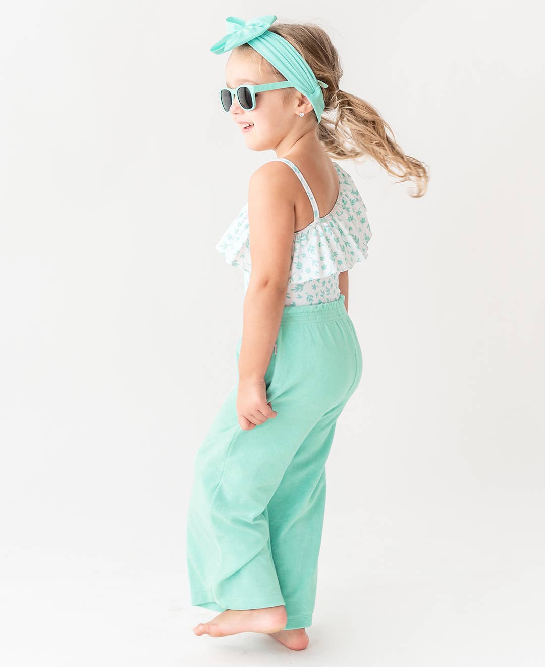 Blue Girls Vintage Aqua Terry Knit Wide Leg Pants for wholesale on Faire7