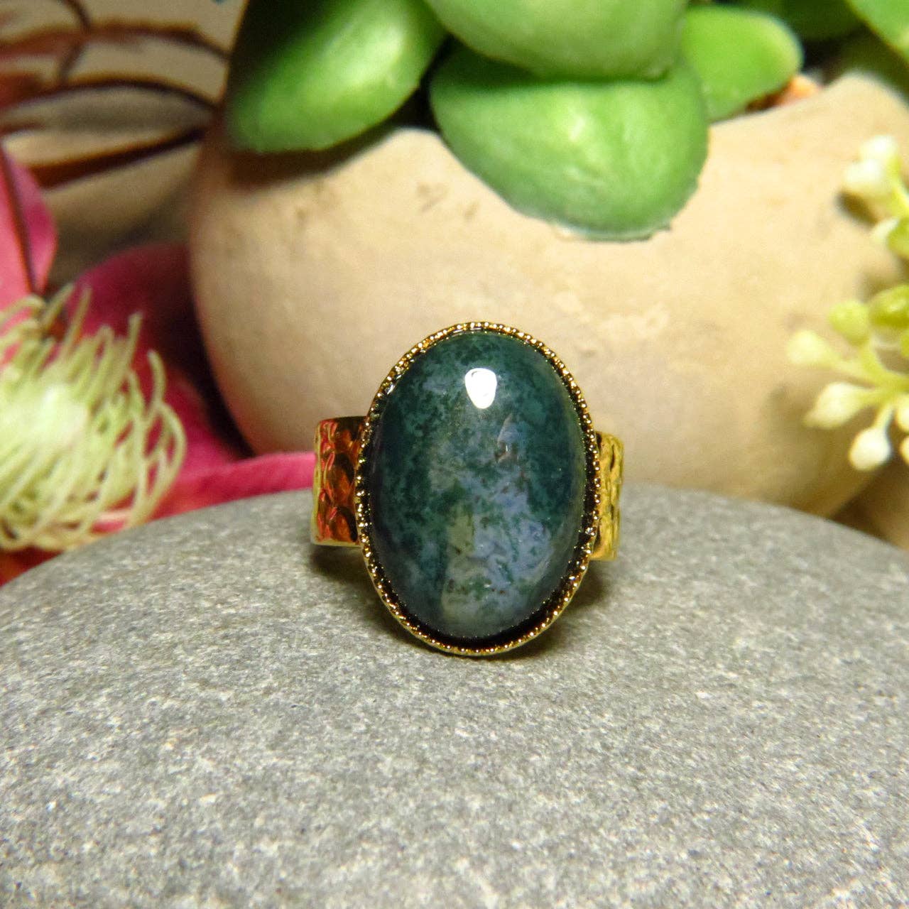 TOURMALYN - Wholesale Cocktail/Statement Ring - "EMOTIONAL BALANCE" ring gold-plated with Moss Agate stone2