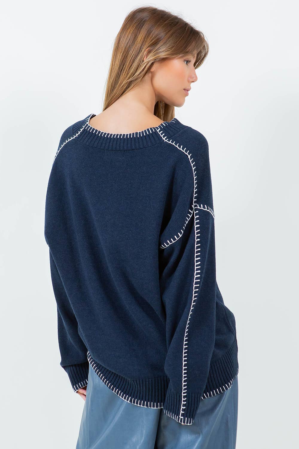 CONTRAST BLANKET STITCH DETAILED SWEATER - NAVY for wholesale on Faire2