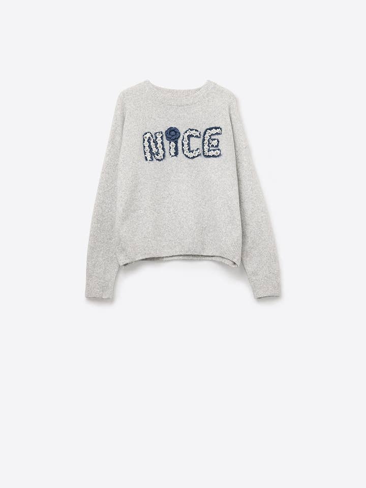 GRAY Grey Round Neck Sweater With Embroidered Nice for wholesale on Faire6